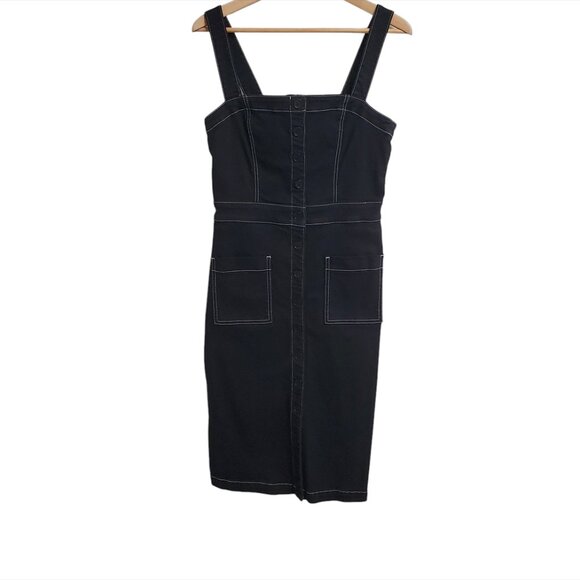 Reformation Roxanna Denim Dress 6 Black Button Down Straps Pockets - Picture 3 of 14